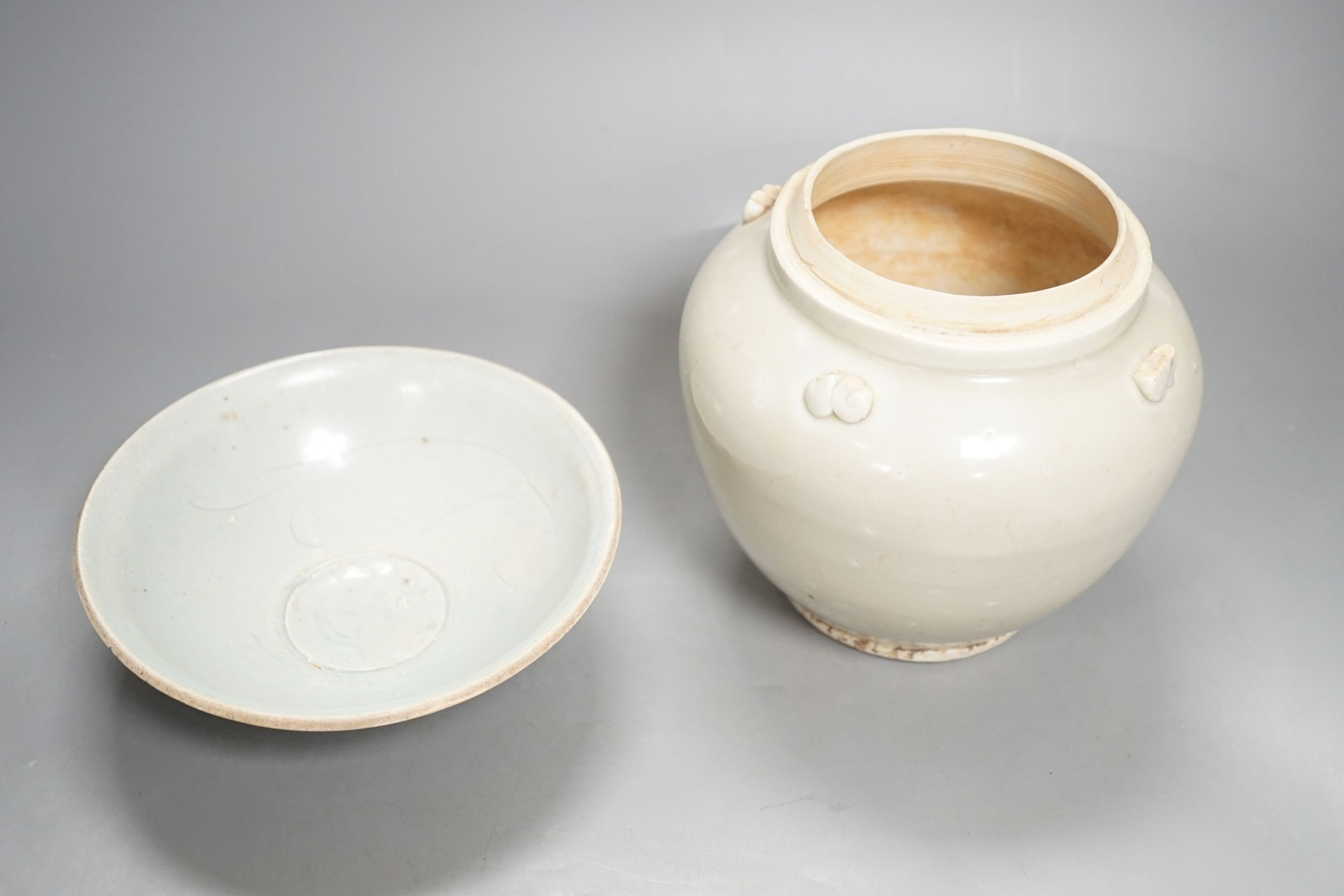 A Chinese Qingbai type bowl, a Ding type jar and a Japanese lacquer box, tallest 15cm